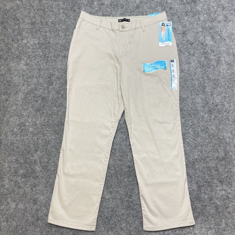 New Lee Relaxed Fit Straight Chino Pants Women Size 12S Beige Pants